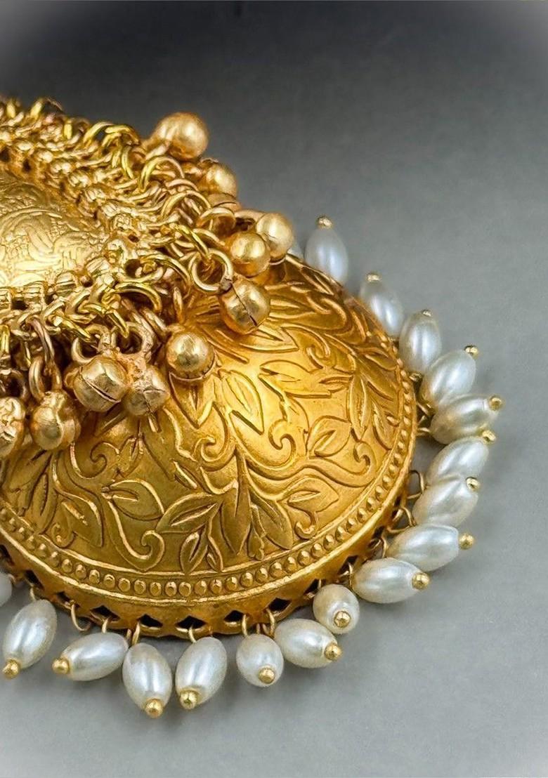 Kavya Gold Plated Artificial Stones Studded And Beaded Dome Shaped Jhumkas