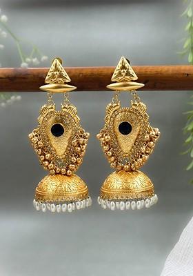 Kavya Gold Plated Artificial Stones Studded And Beaded Dome Shaped Jhumkas