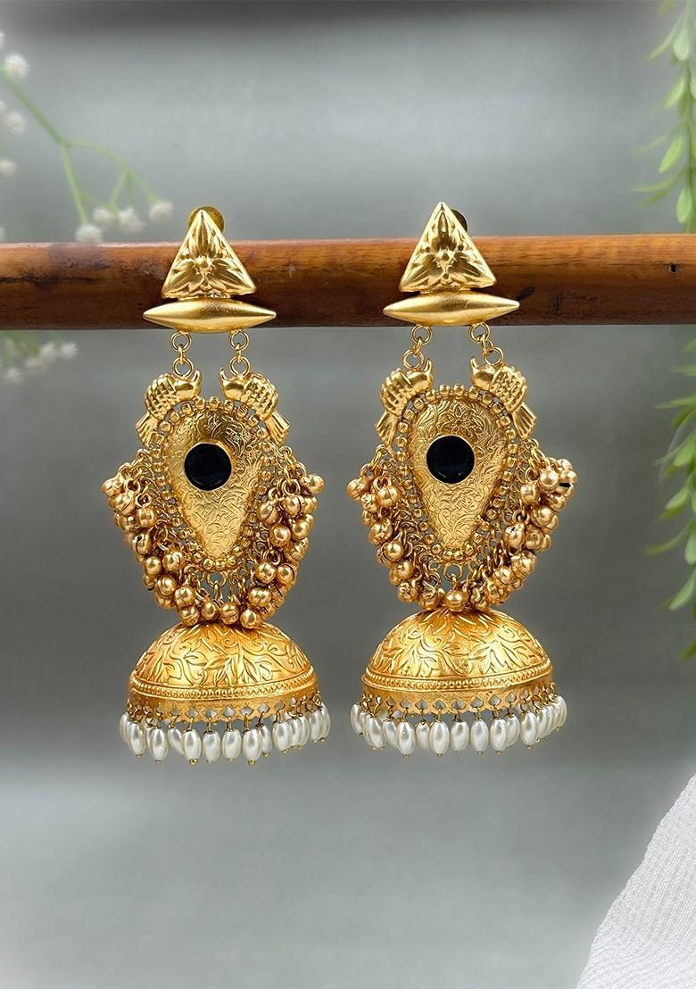 Kavya Gold Plated Artificial Stones Studded And Beaded Dome Shaped Jhumkas