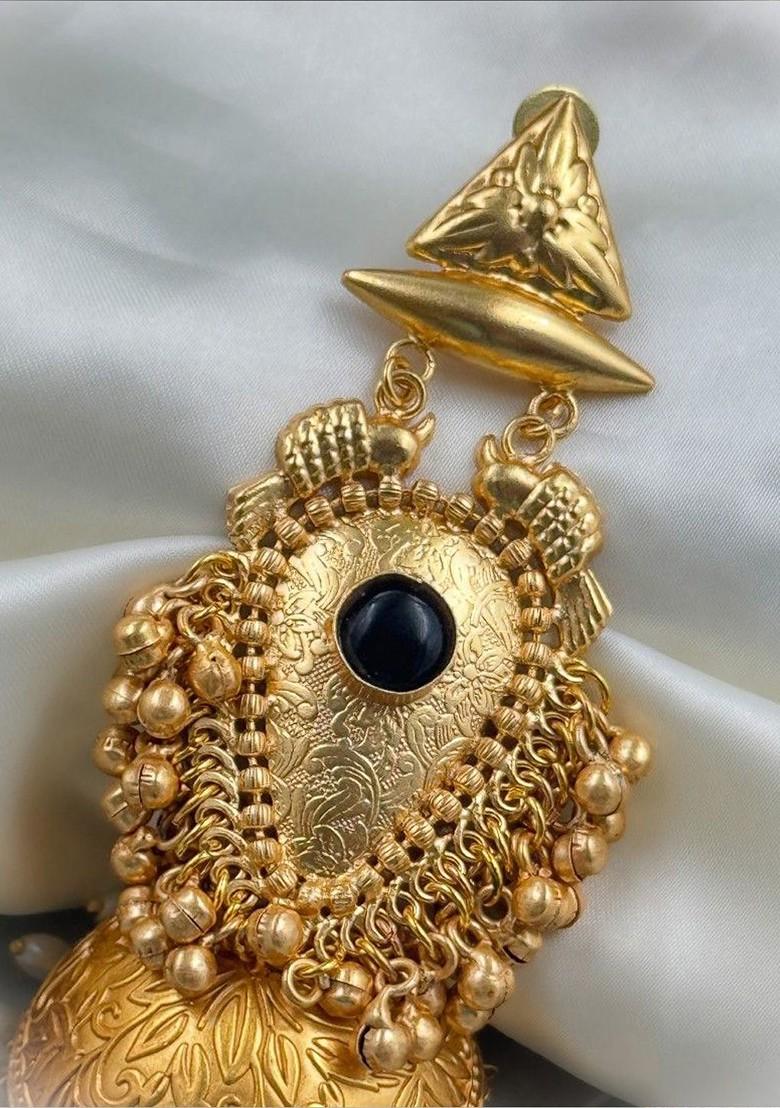 Kavya Gold Plated Artificial Stones Studded And Beaded Dome Shaped Jhumkas