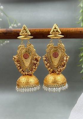 Kavya Gold Plated Artificial Stones Studded And Beaded Dome Shaped Jhumkas