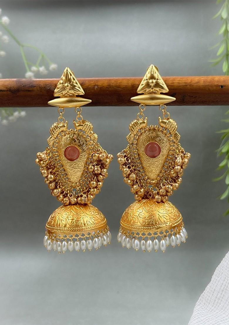 Kavya Gold Plated Artificial Stones Studded And Beaded Dome Shaped Jhumkas