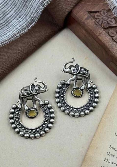 Silver Plated Artificial Stones Studded Circular Shaped Drop Earrings