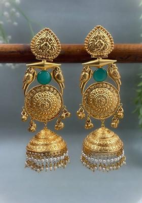 Ira Gold Plated Artificial Stones Studded And Beaded Dome Shaped Jhumkas