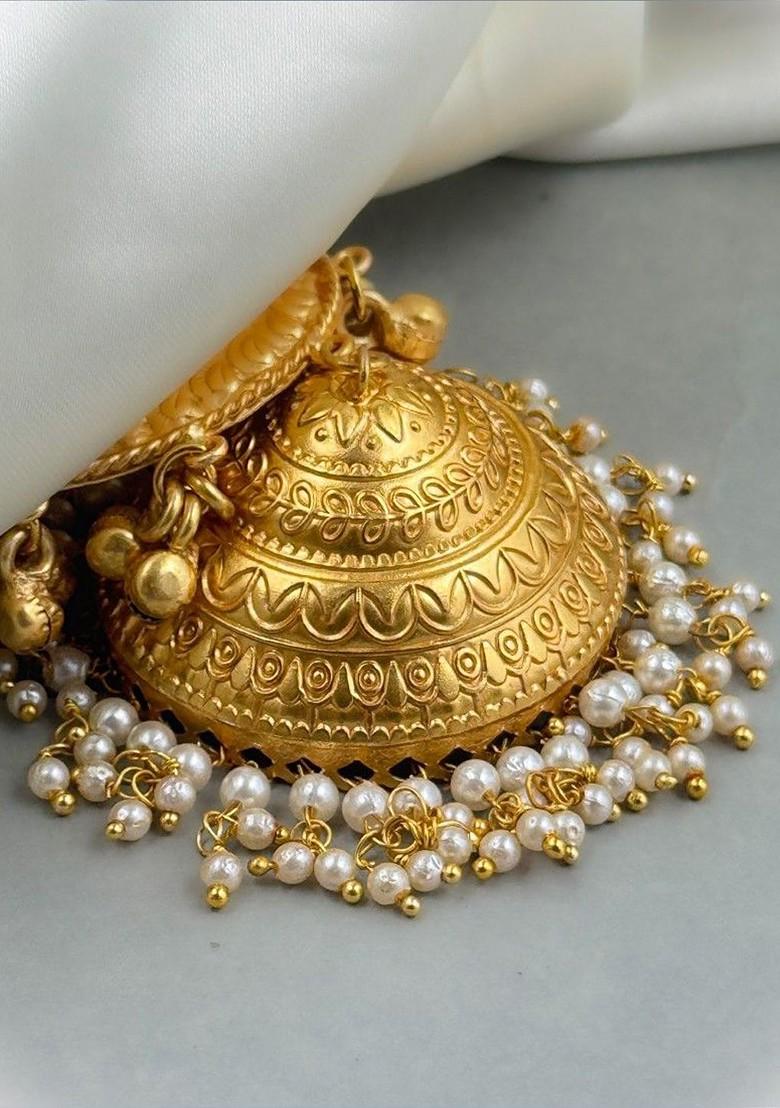 Ira Gold Plated Artificial Stones Studded And Beaded Dome Shaped Jhumkas