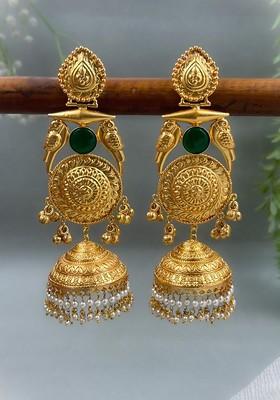 Ira Gold Plated Artificial Stones Studded And Beaded Dome Shaped Jhumkas