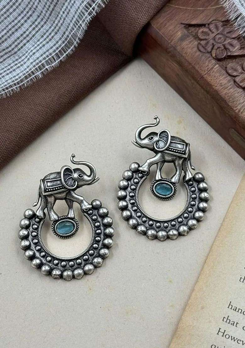 Silver Plated Artificial Stones Studded Oxidised Contemporary Drop Earrings - Indya