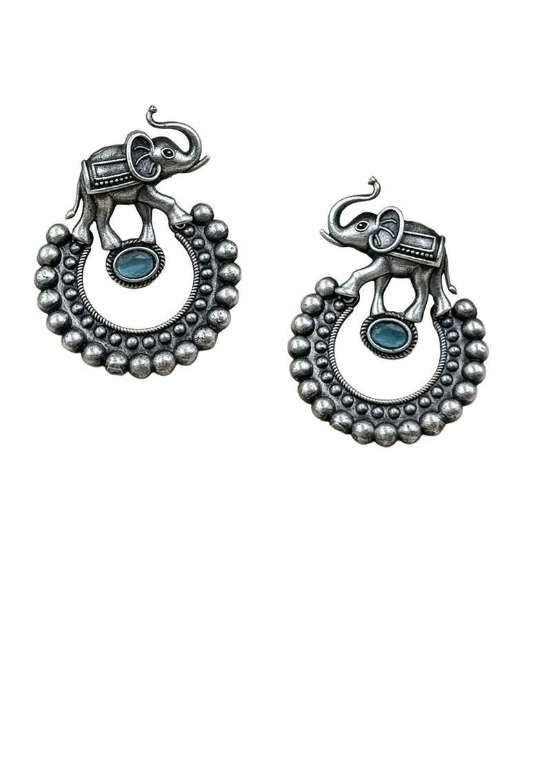 Silver Plated Artificial Stones Studded Oxidised Contemporary Drop Earrings - Indya
