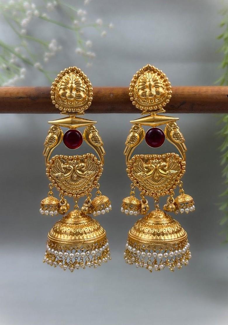 Simha Gold Plated Artificial Stones Studded And Beaded Dome Shaped Jhumkas