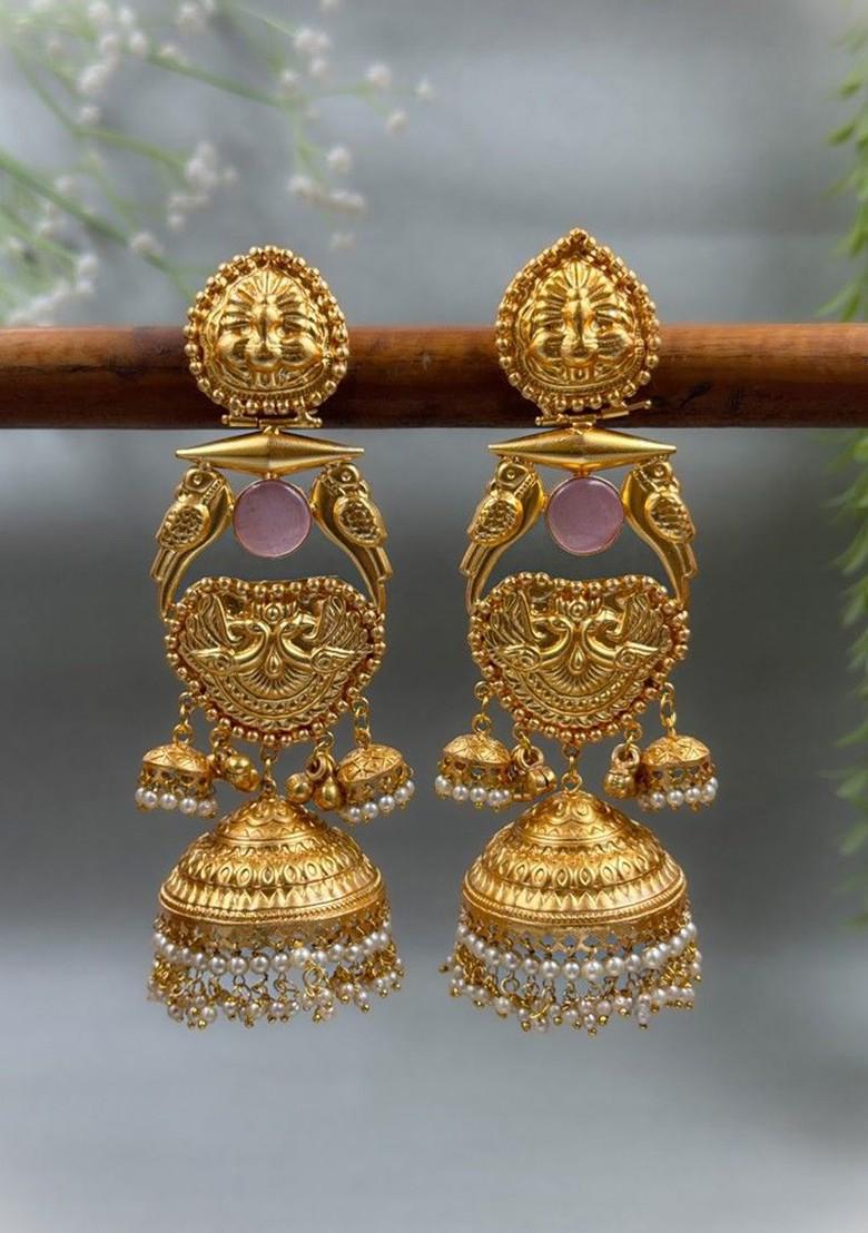 Simha Gold Plated Artificial Stones Studded And Beaded Dome Shaped Jhumkas