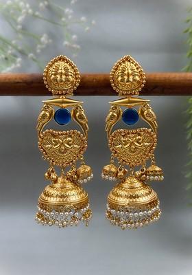 Simha Gold Plated Artificial Stones Studded And Beaded Dome Shaped Jhumkas