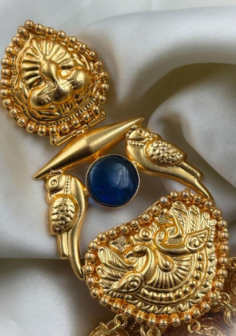 Simha Gold Plated Artificial Stones Studded And Beaded Dome Shaped Jhumkas