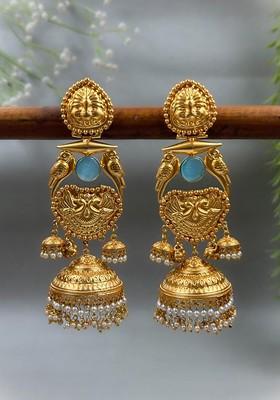 Simha Gold Plated Artificial Stones Studded And Beaded Dome Shaped Jhumkas