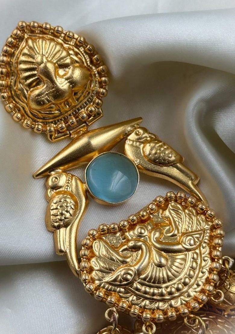 Simha Gold Plated Artificial Stones Studded And Beaded Dome Shaped Jhumkas