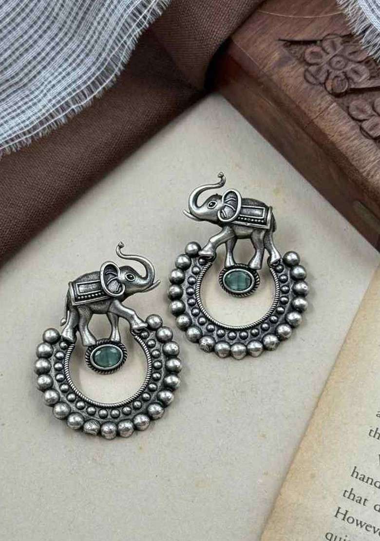 Silver Plated Artificial Stones Studded Oxidised Contemporary Drop Earrings - Indya