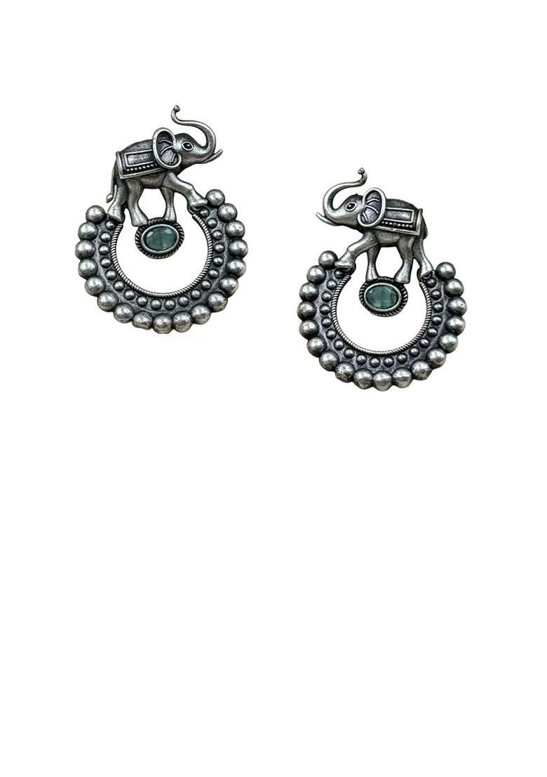 Silver Plated Artificial Stones Studded Oxidised Contemporary Drop Earrings - Indya