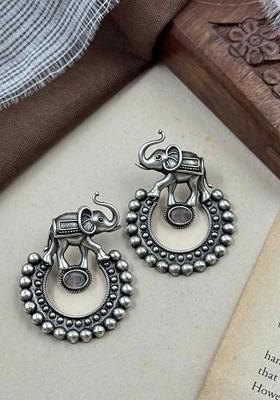 Silver Plated Artificial Stones Studded Oxidised Contemporary Drop Earrings