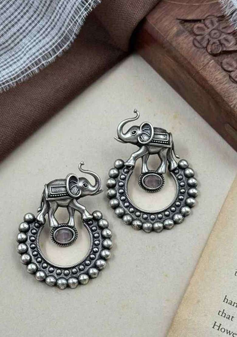 Silver Plated Artificial Stones Studded Oxidised Contemporary Drop Earrings - Indya
