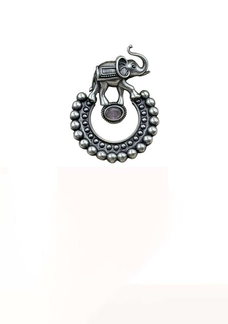 Silver Plated Artificial Stones Studded Oxidised Contemporary Drop Earrings - Indya