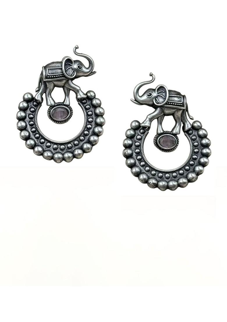 Silver Plated Artificial Stones Studded Oxidised Contemporary Drop Earrings