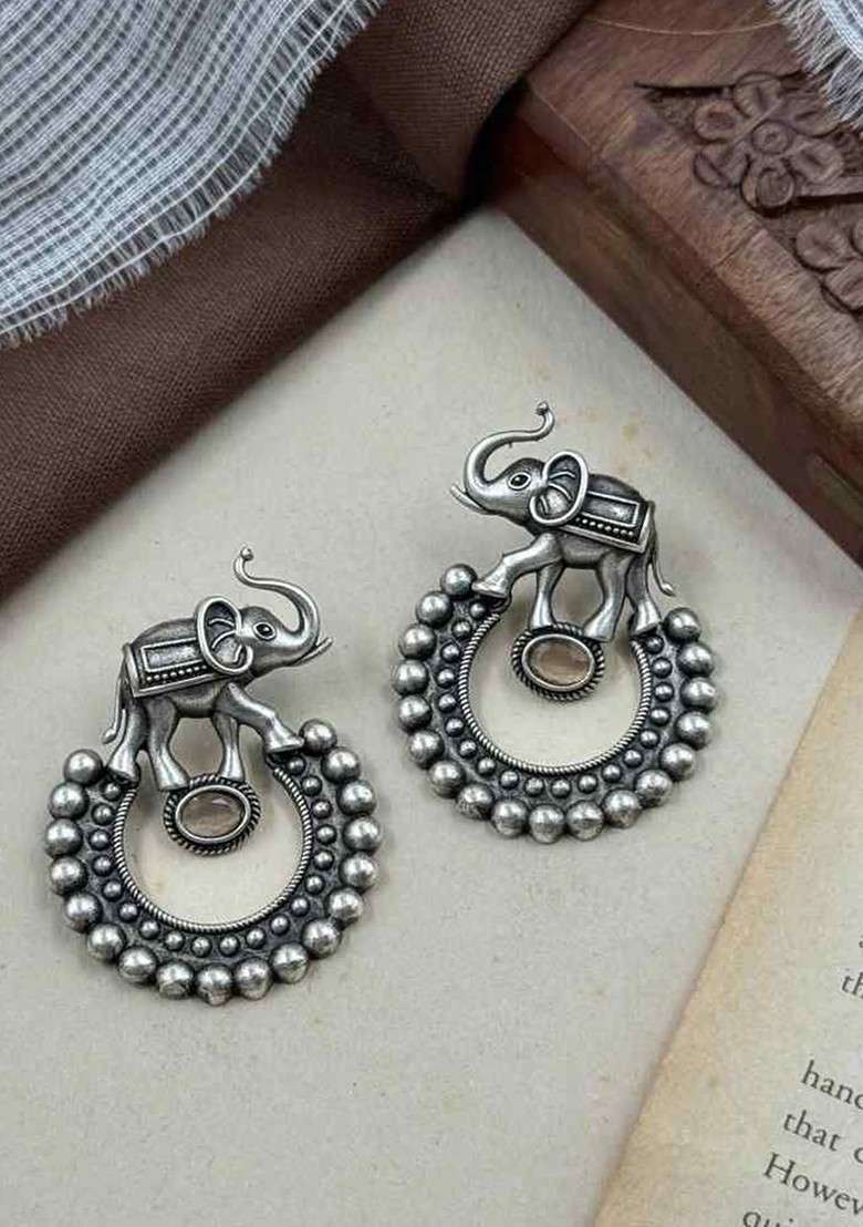 Silver Plated Artificial Stones Studded Oxidised Contemporary Drop Earrings - Indya