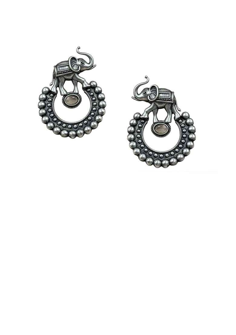 Silver Plated Artificial Stones Studded Oxidised Contemporary Drop Earrings - Indya