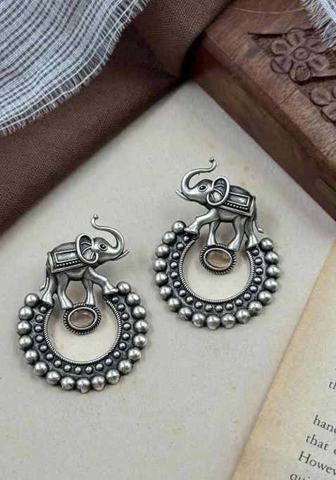 Silver Plated Artificial Stones Studded Oxidised Contemporary Drop Earrings
