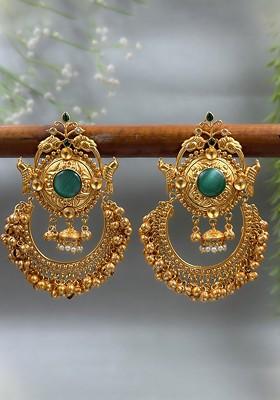 Gold Plated Stones Studded And Beaded Antique Crescent Shaped Drop Earrings