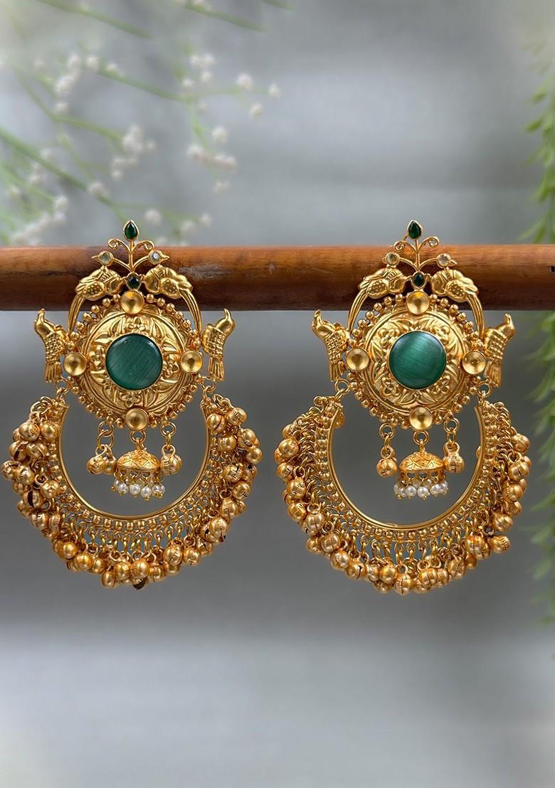 Gold Plated Stones Studded And Beaded Antique Crescent Shaped Drop Earrings