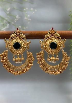 Gold Plated Stones Studded And Beaded Antique Crescent Shaped Drop Earrings