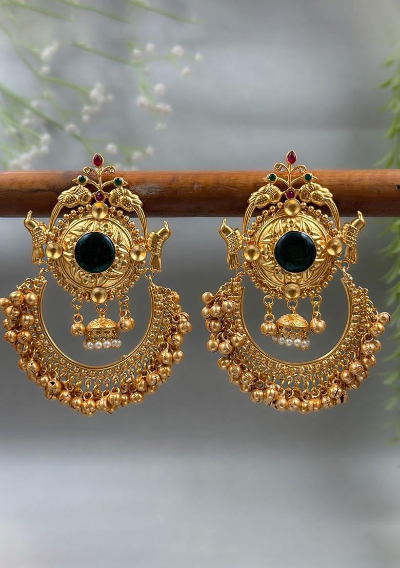 Gold Plated Stones Studded And Beaded Antique Crescent Shaped Drop Earrings
