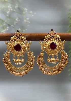 Gold Plated Stones Studded And Beaded Antique Crescent Shaped Drop Earrings