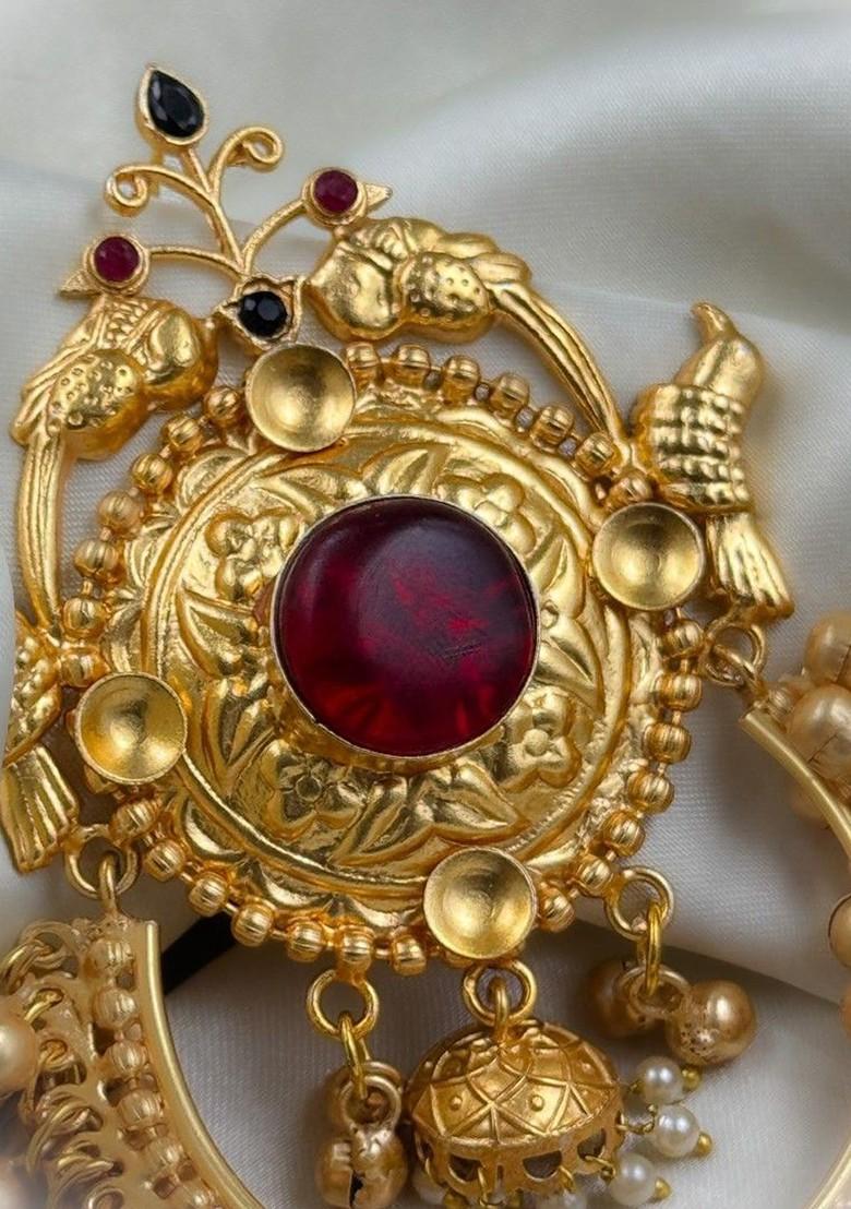 Gold Plated Stones Studded And Beaded Antique Crescent Shaped Drop Earrings