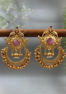 Gold Plated Stones Studded And Beaded Antique Crescent Shaped Drop Earrings