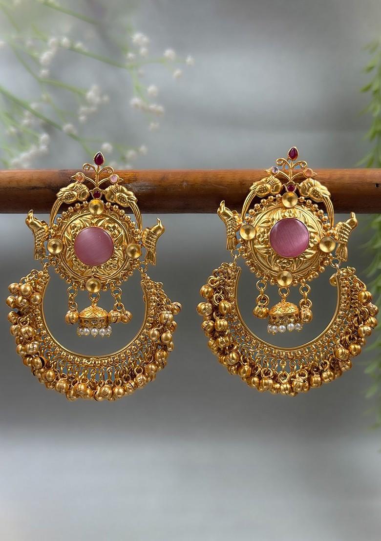 Gold Plated Stones Studded And Beaded Antique Crescent Shaped Drop Earrings