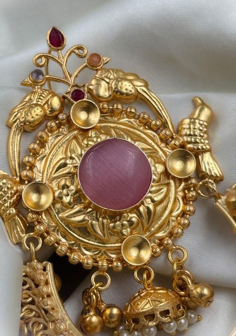 Gold Plated Stones Studded And Beaded Antique Crescent Shaped Drop Earrings