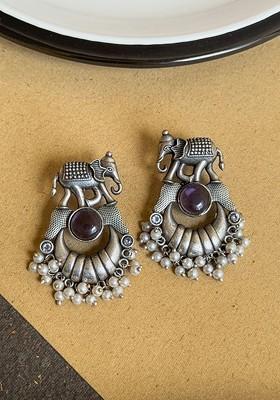 Silver Plated Stones Studded And Beaded Oxidised Contemporary Drop Earrings
