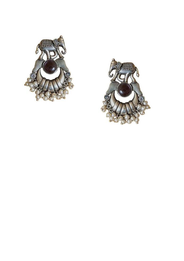 Silver Plated Stones Studded And Beaded Oxidised Contemporary Drop Earrings