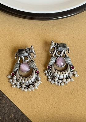 Silver Plated Stones Studded And Beaded Oxidised Contemporary Drop Earrings