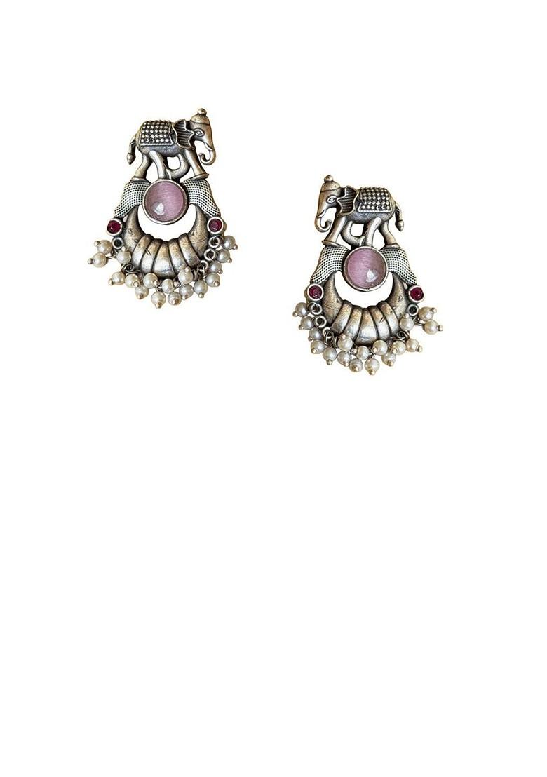 Silver Plated Stones Studded And Beaded Oxidised Contemporary Drop Earrings