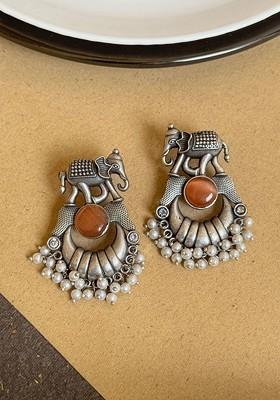 Silver Plated Artificial Stones Studded And Beaded Contemporary Drop Earrings