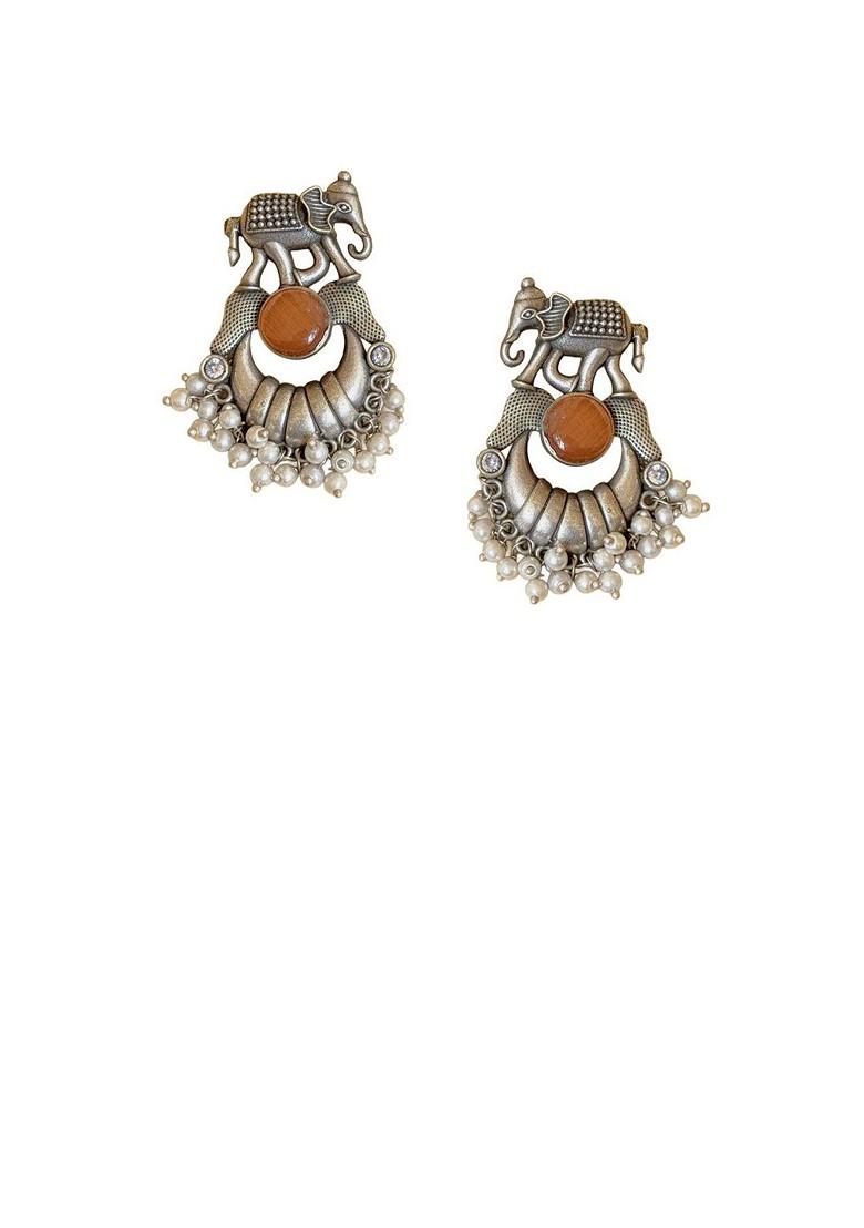 Silver Plated Artificial Stones Studded And Beaded Contemporary Drop Earrings