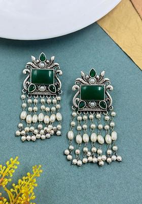 Silver Plated Stones Studded And Pearls Beaded Contemporary Oxidised Drop Earrings