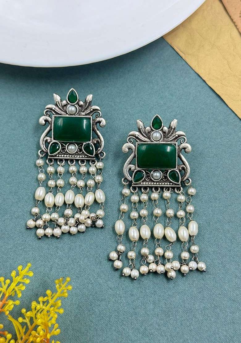Silver Plated Stones Studded And Pearls Beaded Contemporary Oxidised Drop Earrings - Indya
