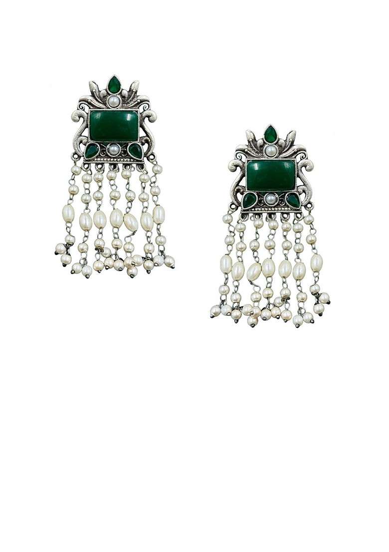 Silver Plated Stones Studded And Pearls Beaded Contemporary Oxidised Drop Earrings - Indya