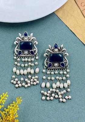 Silver Plated Stones Studded And Beaded Oxidised Contemporary Drop Earrings