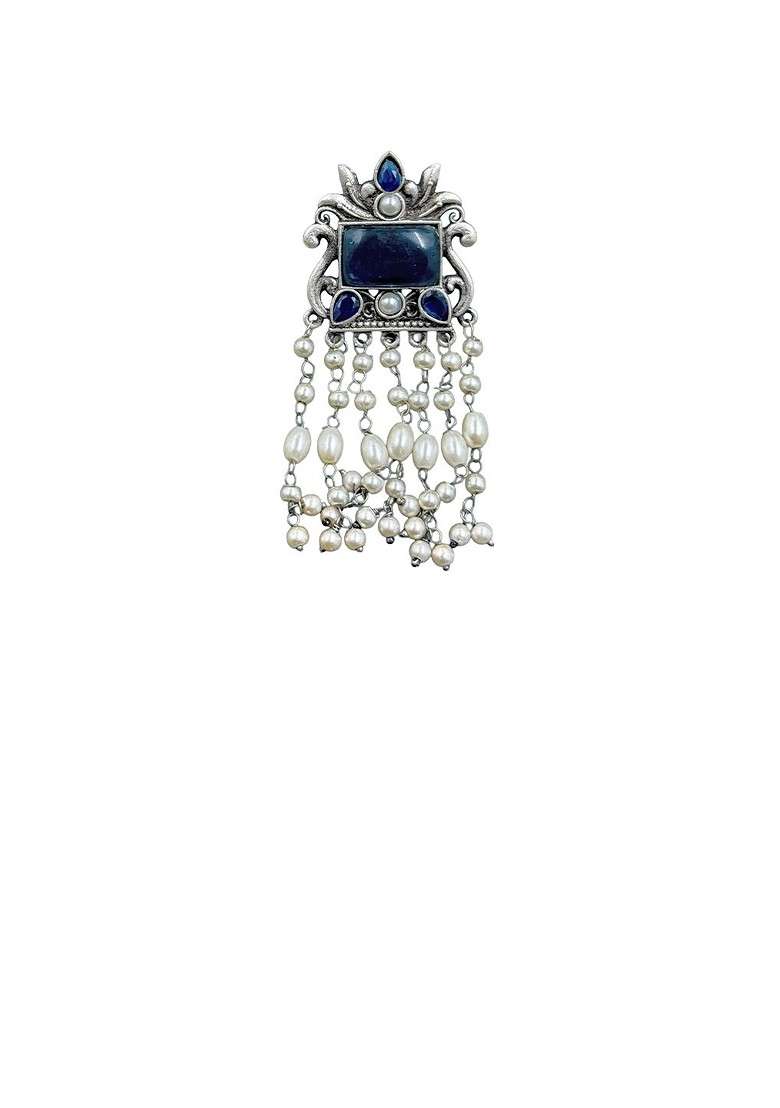 Silver Plated Stones Studded And Beaded Oxidised Contemporary Drop Earrings - Indya