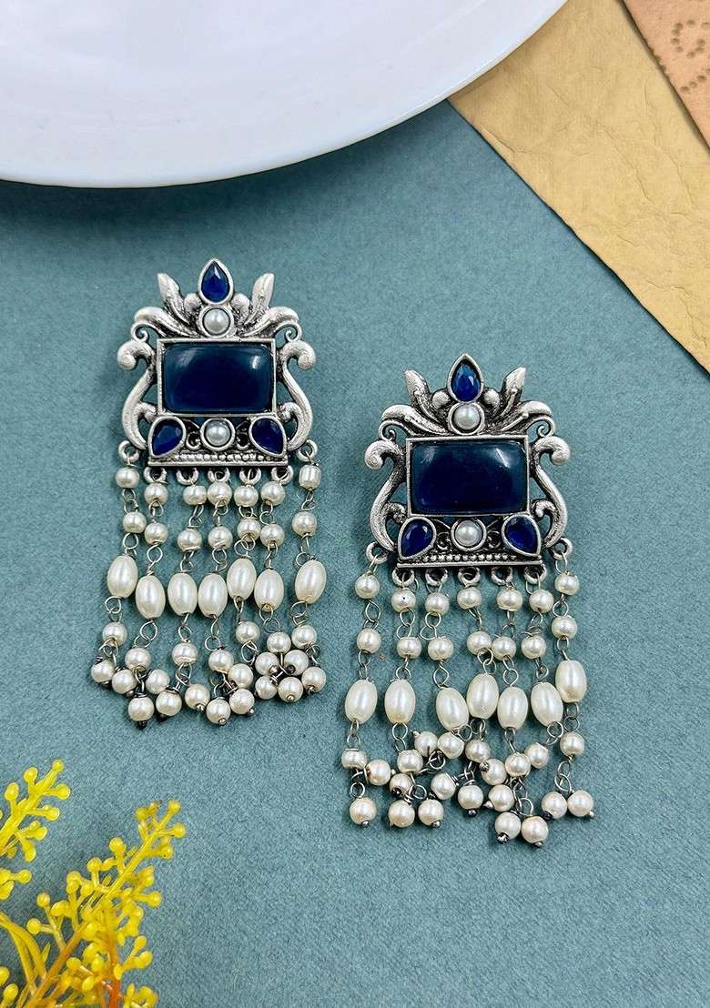 Silver Plated Stones Studded And Beaded Oxidised Contemporary Drop Earrings - Indya