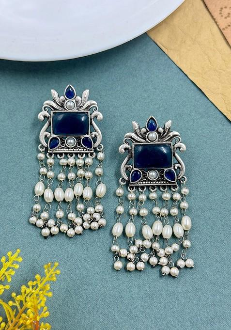 Silver Plated Stones Studded And Beaded Oxidised Contemporary Drop Earrings