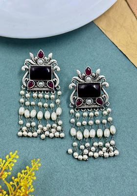 Silver Plated Artificial Stones Studded And Beaded Contemporary Drop Earrings